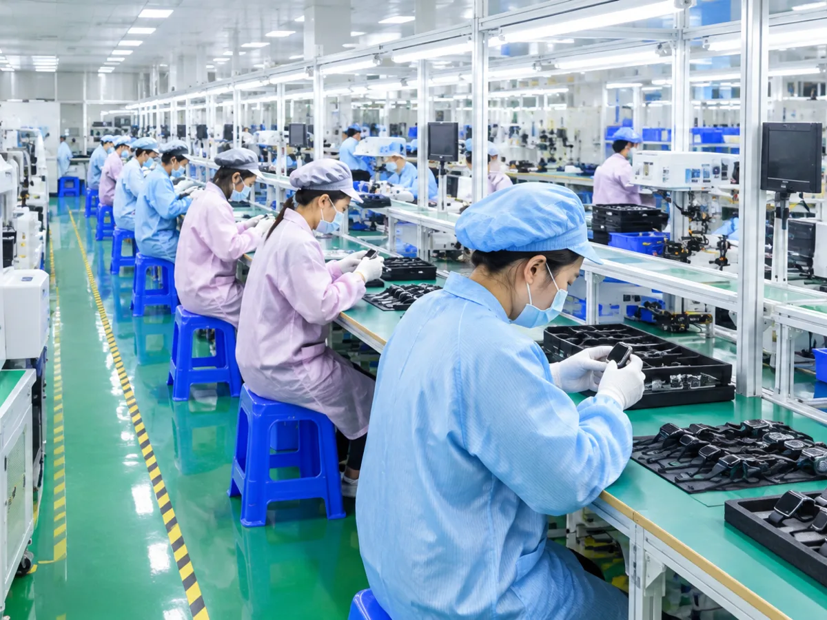 Workers assembling smartwatches along green production lines on a bright factory floor