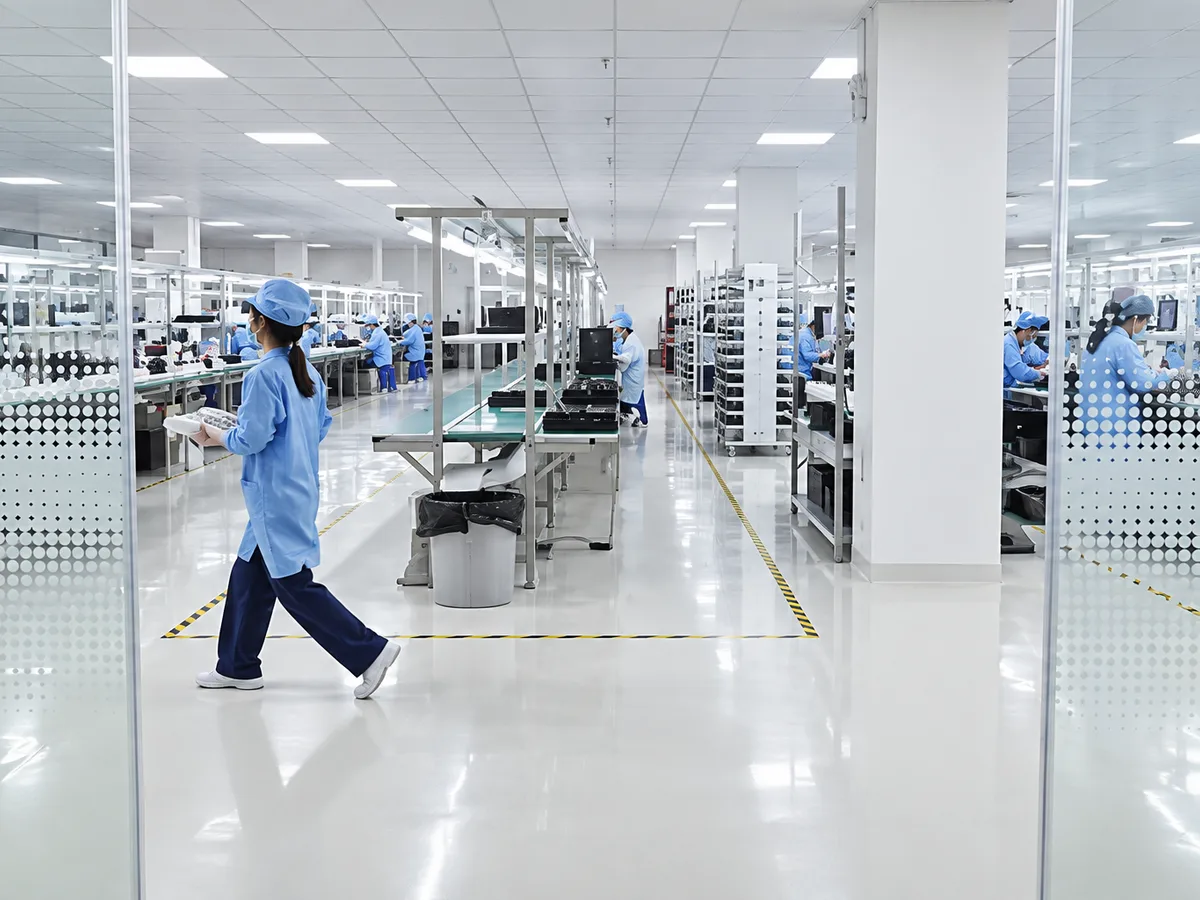 A worker carrying materials through a bright clean assembly hall with glass partitions