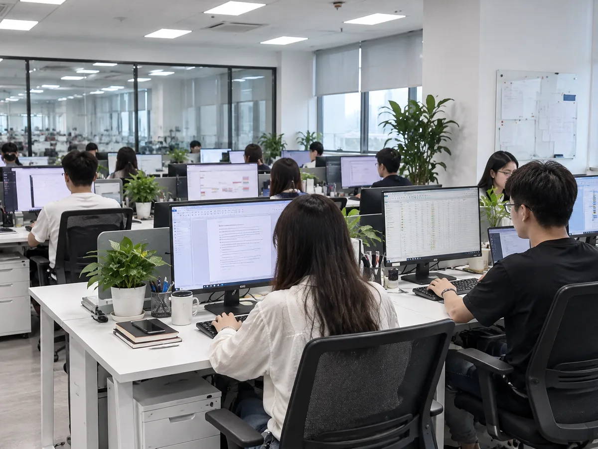 Staff working on documents and spreadsheets in a bright open-plan office