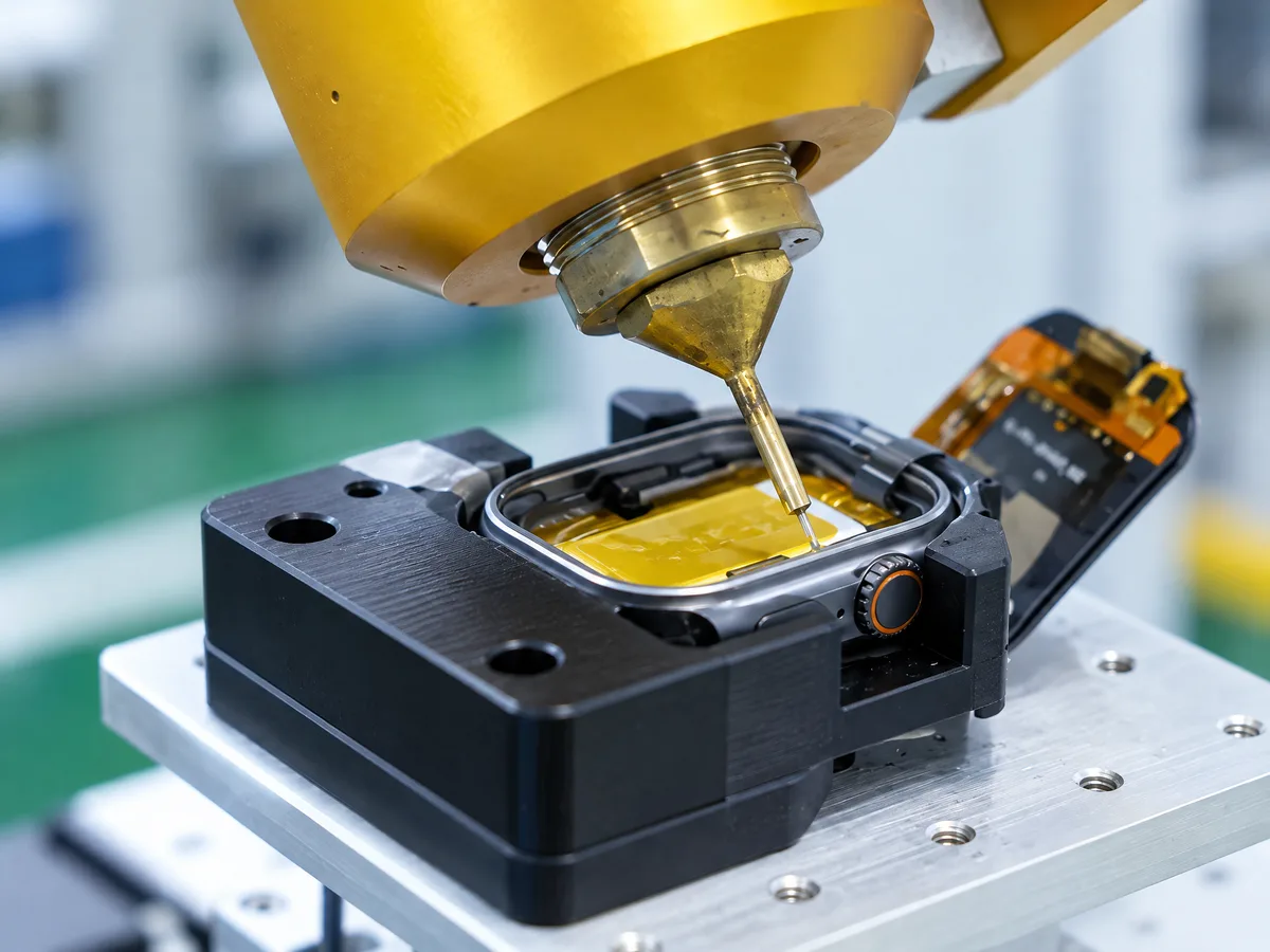 Precision dispensing machine applying adhesive to a smartwatch case held in a fixture