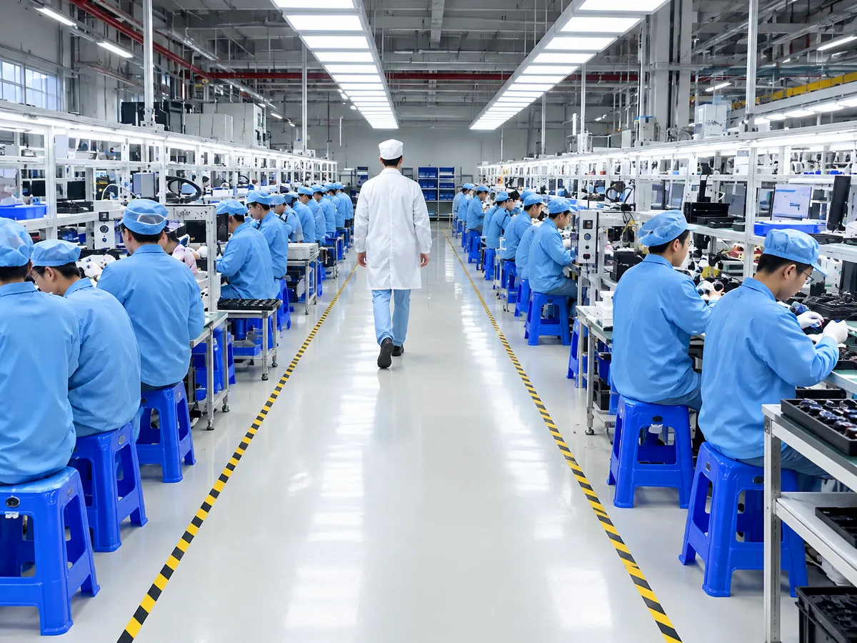 Workers in blue uniforms along a marked central aisle of the production floor