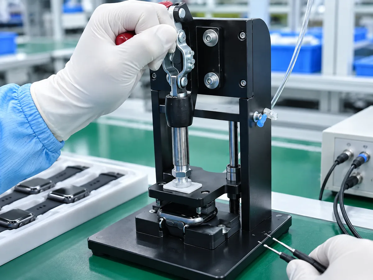 A gloved worker operating a pneumatic press to fit a smartwatch component